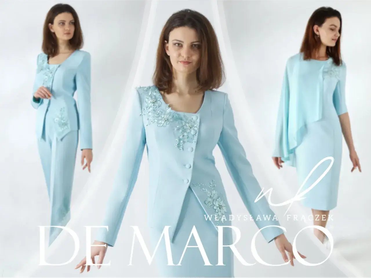 Elegancka mama weselna w błękitnym komplecie ze zdobieniami. Stylizacje na wyjątkowe okazje.