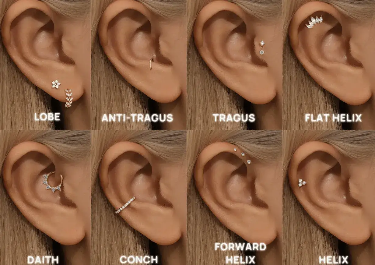 Różne rodzaje przekłuć uszu: lobe, anti-tragus, tragus, flat helix, daith, conch, forward helix, helix. Zastanawiasz się, ile kosztuje przekłucie uszu?