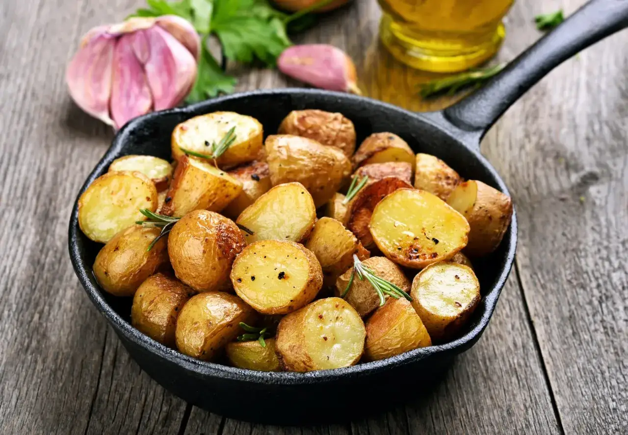 Pommes de terre à la braise dorées et savoureuses dans une poêle en fonte, prêtes à être dégustées. Le temps de cuisson parfait pour un délice croustillant.
