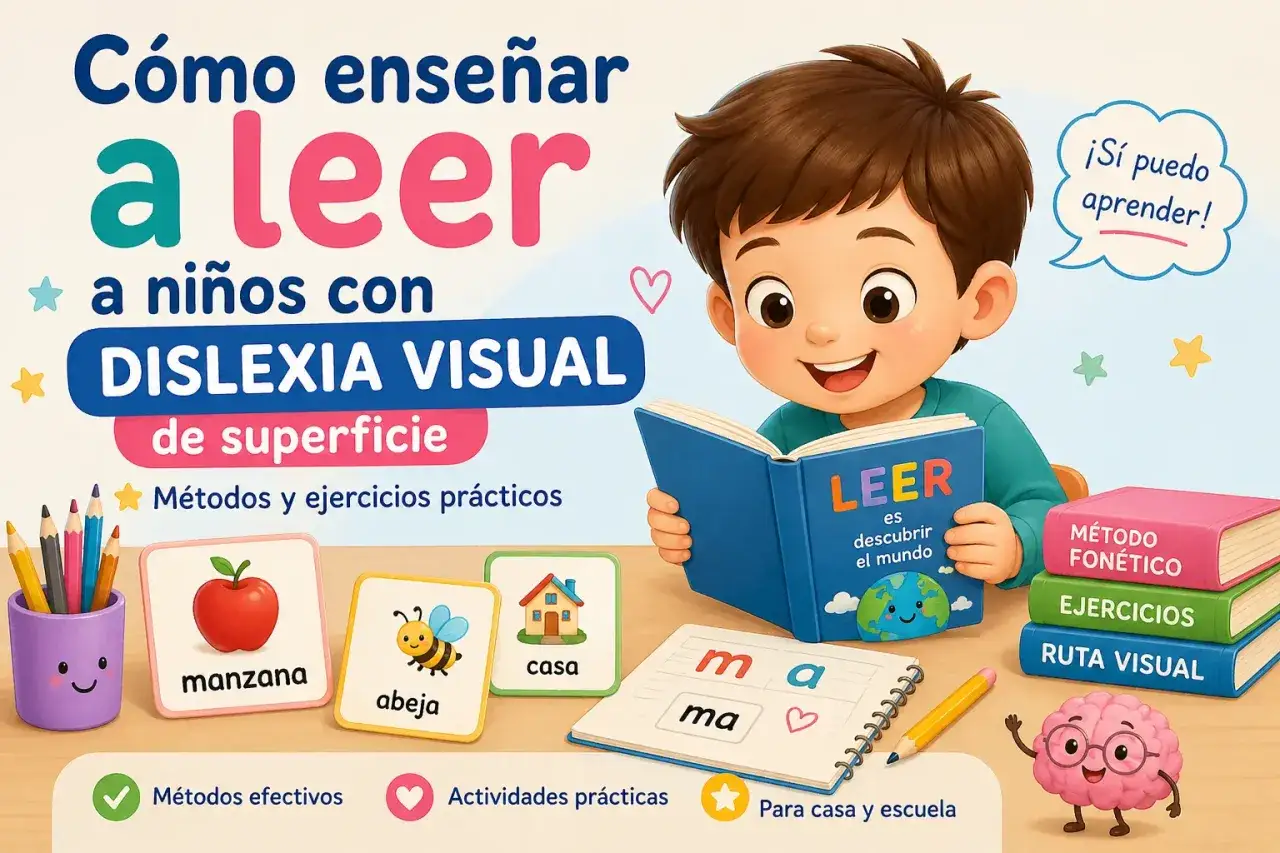 Ni&ntilde;o sonriente lee un libro sobre c&oacute;mo ense&ntilde;ar a leer a ni&ntilde;os con dislexia visual. Incluye tarjetas con palabras e im&aacute;genes.