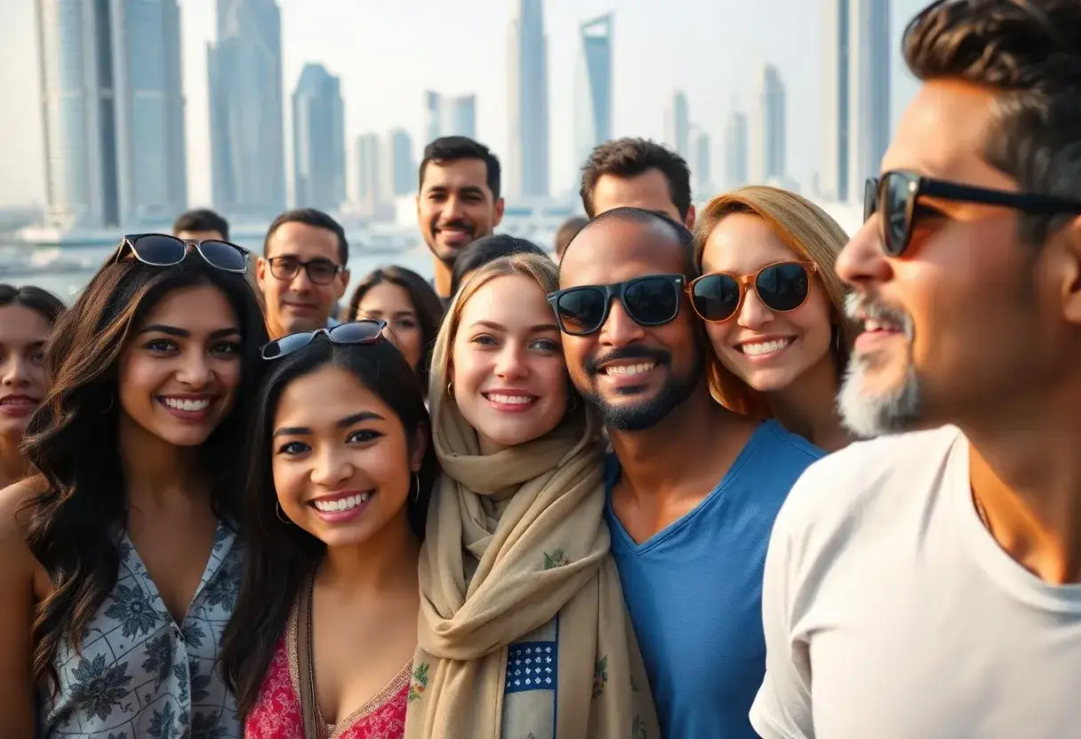 Gl&uuml;ckliche Dubai Menschen genie&szlig;en die Aussicht auf die Skyline.