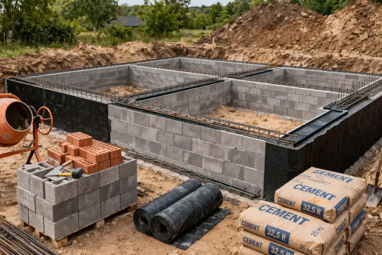 Fundament domu w trakcie murowania. Betonowe bloczki, zbrojenie i materiały budowlane, jak cement i cegły, czekają na dalsze prace.