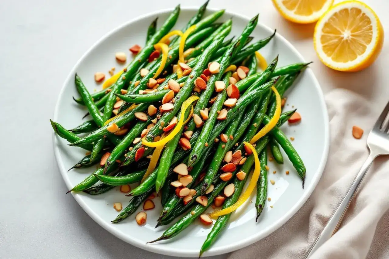 Une assiette de haricots verts croquants, garnie d'amandes effil&eacute;es et de zestes de citron. Une recette haricot vert simple et savoureuse.
