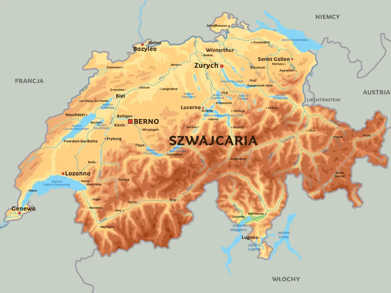 Mapa Szwajcarii z zaznaczonymi miastami. Gdzie jest Zurych? Znajduje się na północnym wschodzie, nad jeziorem.