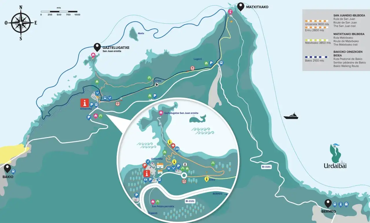 Mapa de senderismo que muestra c&oacute;mo llegar a San Juan de Gaztelugatxe, con rutas desde Bakio y Matxitxako, puntos de inter&eacute;s y distancias.