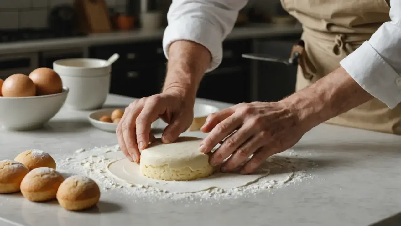 Les mains d'un pâtissier travaillent la pâte à sucre pour la ramollir, prête à être utilisée pour décorer des petits gâteaux.