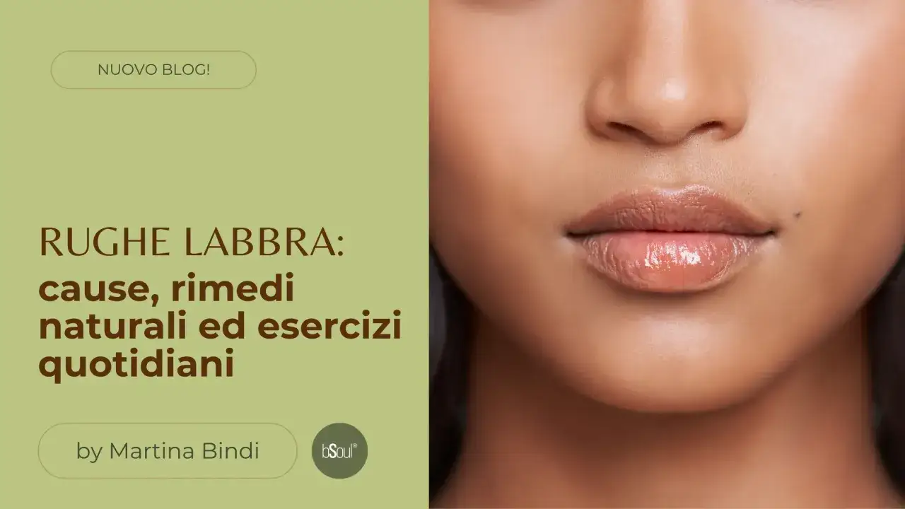 Labbra con sottili rughe sottili, come un codice a barre, trattate con rimedi naturali.