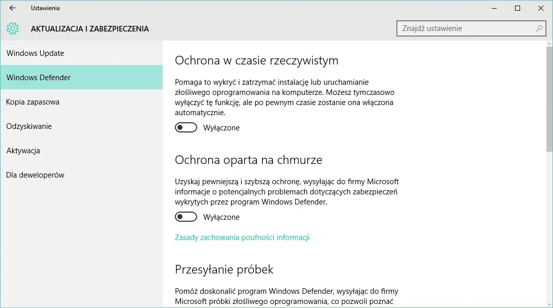 Windows Defender wyłączanie ochrony w czasie rzeczywistym