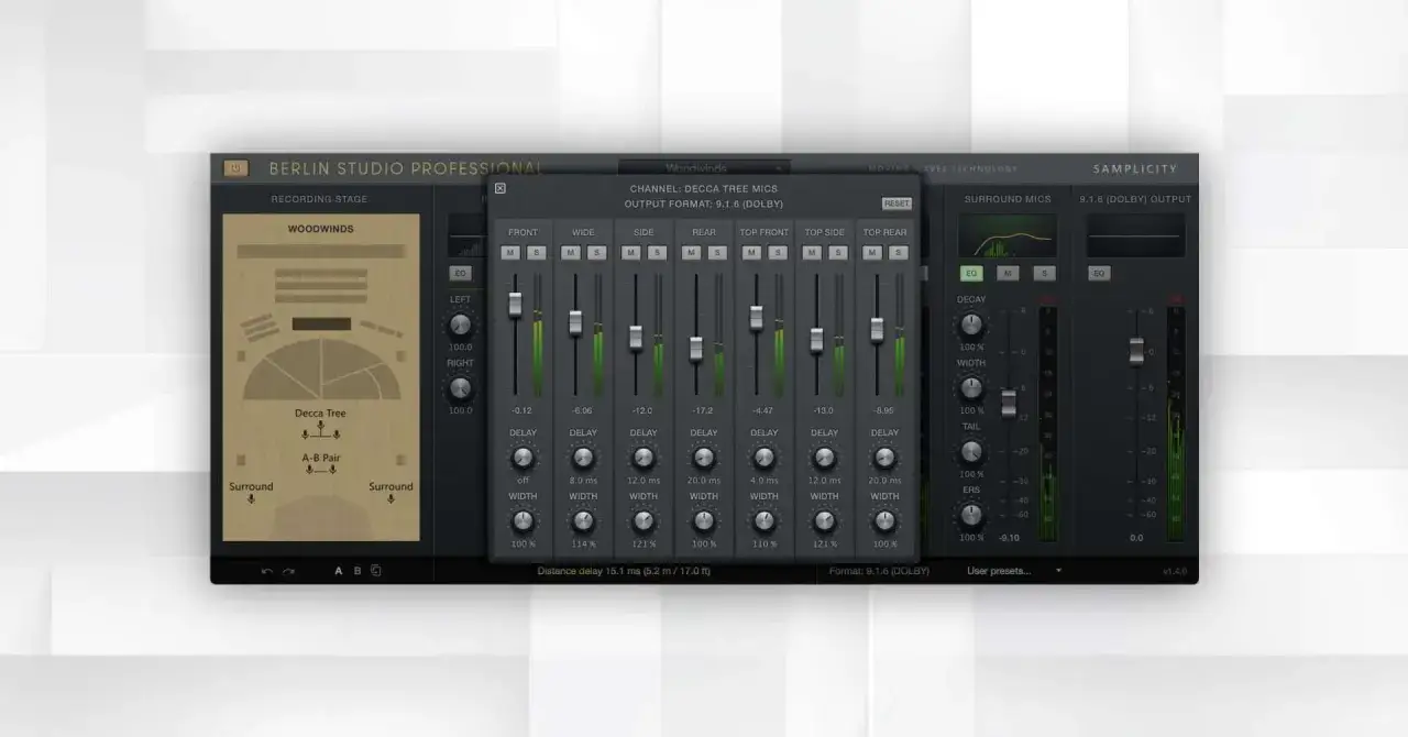 Ein digitales Audio-Plugin mit vielen Reglern und Fades, das für die Aufnahme von Holzbläsern und die Erzeugung von Reverb-Effekten mit dem
