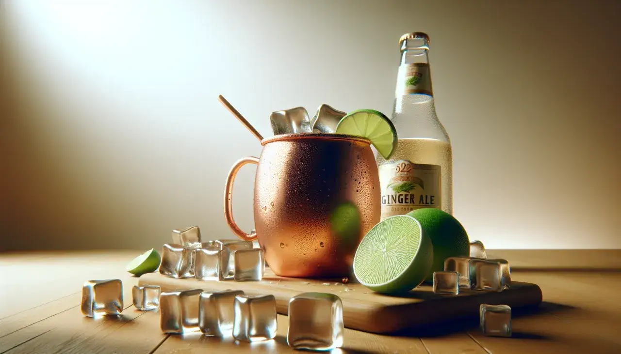 Miedziany kubek z lodem i limonką, obok butelka piwa imbirowego. Różnica między piwem imbirowym a tonikiem imbirowym w drinku Moscow Mule.