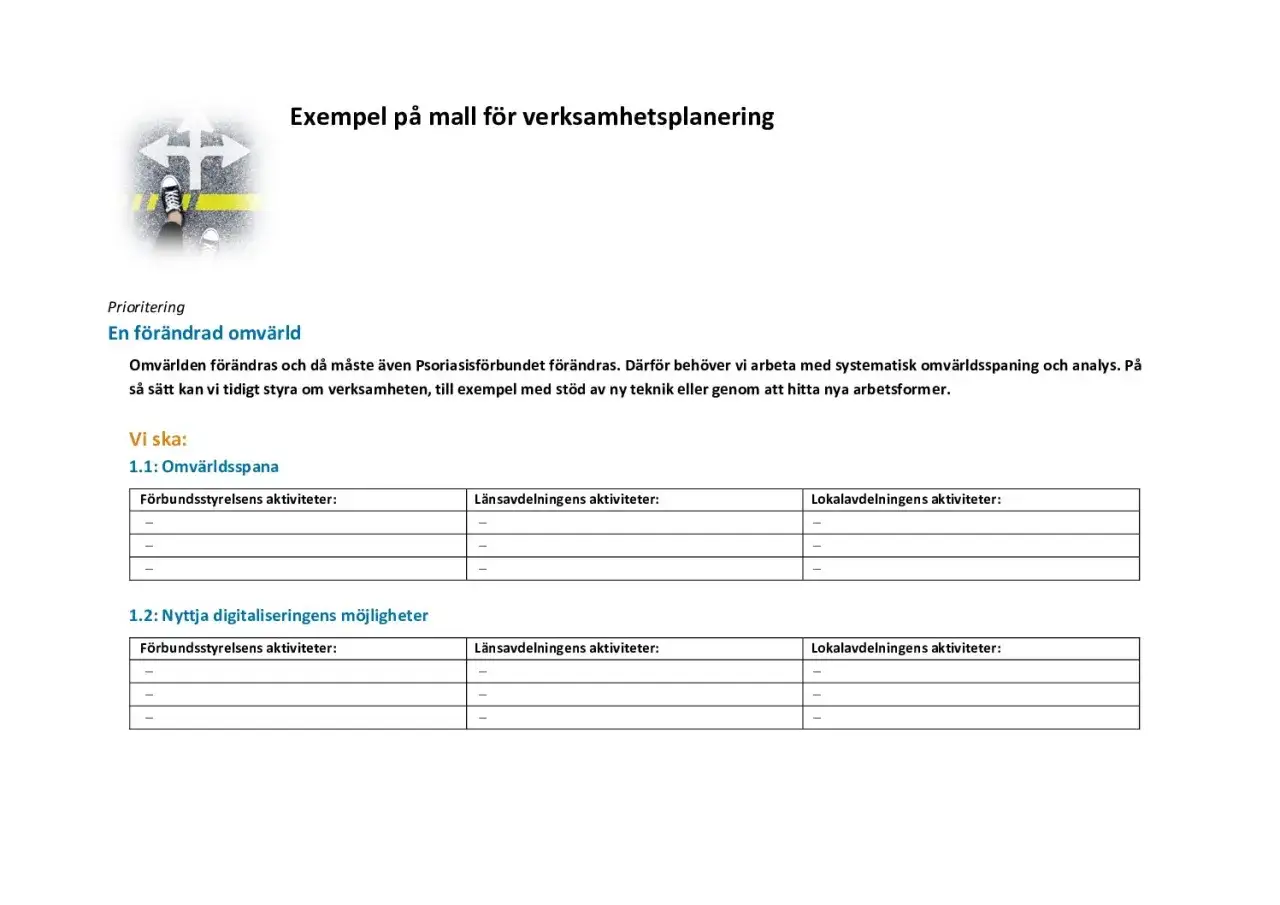 Mall för verksamhetsplanering med fokus på omvärldsspaning och digitalisering. Tabeller för aktiviteter på olika nivåer.