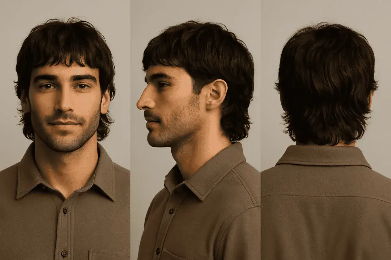 Trefaldig bild av en man med modern mullet. Håret är mörkt och lite rufsigt, med lugg som faller över pannan.
