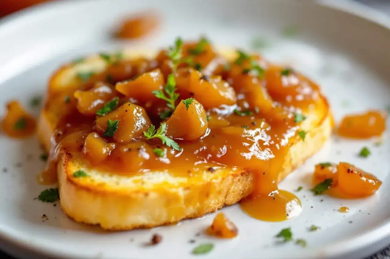 Tranche de pain grillé garnie d'un confit d'oignon caramélisé et de persil frais. Un délice sucré-salé.