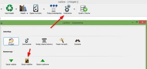 Interfejs programu Calibre z widoczną listą książek i opcjami konwersji