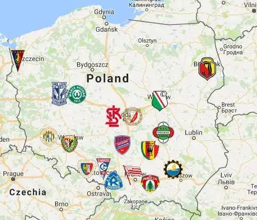 Mapa Polski z zaznaczonymi miastami klubów Ekstraklasy walczących o mistrzostwo