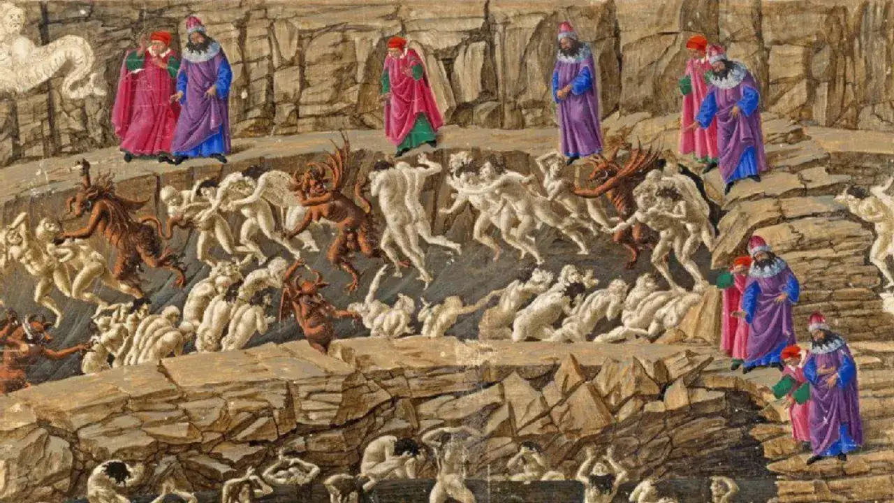 Dantes Inferno Spiel: Seelen werden von D&auml;monen gequ&auml;lt, w&auml;hrend Figuren in lila und rosa Gew&auml;ndern zuschauen.