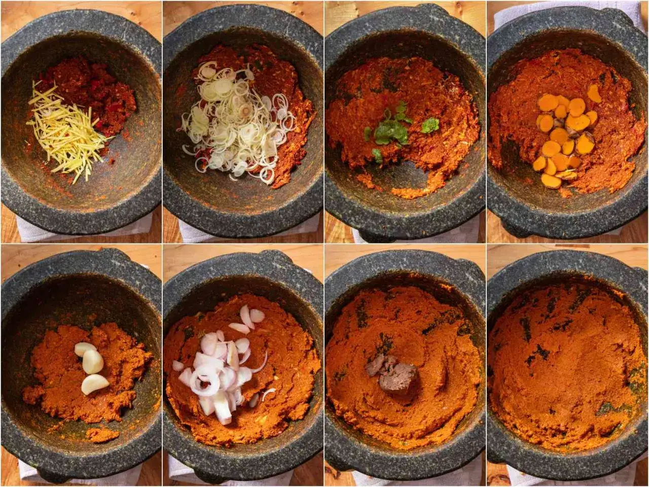 Osiem etapów przygotowania pasty curry. Zaczynając od imbiru, przez trawę cytrynową, kolendrę, kurkumę, czosnek, szalotkę, aż do końcowej, intensywnej pasty. Która pasta curry jest najostrzejsza?