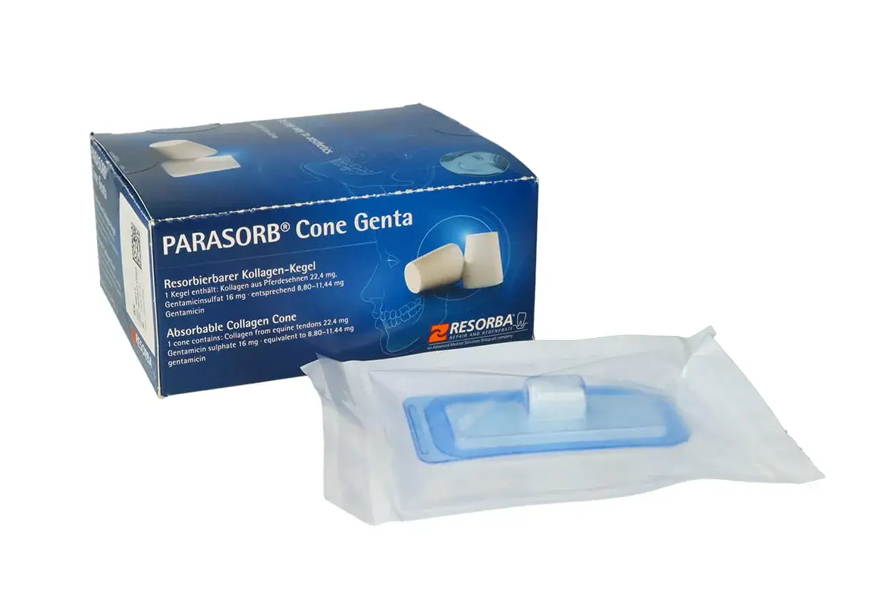 Co dentysta wkłada do zęba po usunięciu? Kolagenowe stożki PARASORB® Cone Genta z gentamycyną, które wspomagają gojenie.