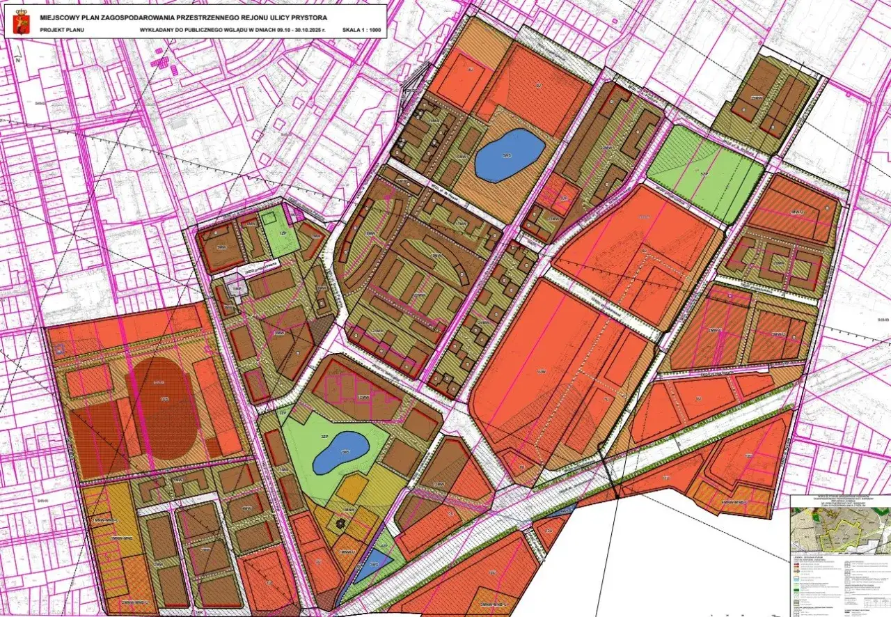 Plan zagospodarowania przestrzennego z zaznaczonymi terenami zielonymi. Brak 3 ha parku uniemożliwił budowę, co jest prawdziwą historią właściciela.