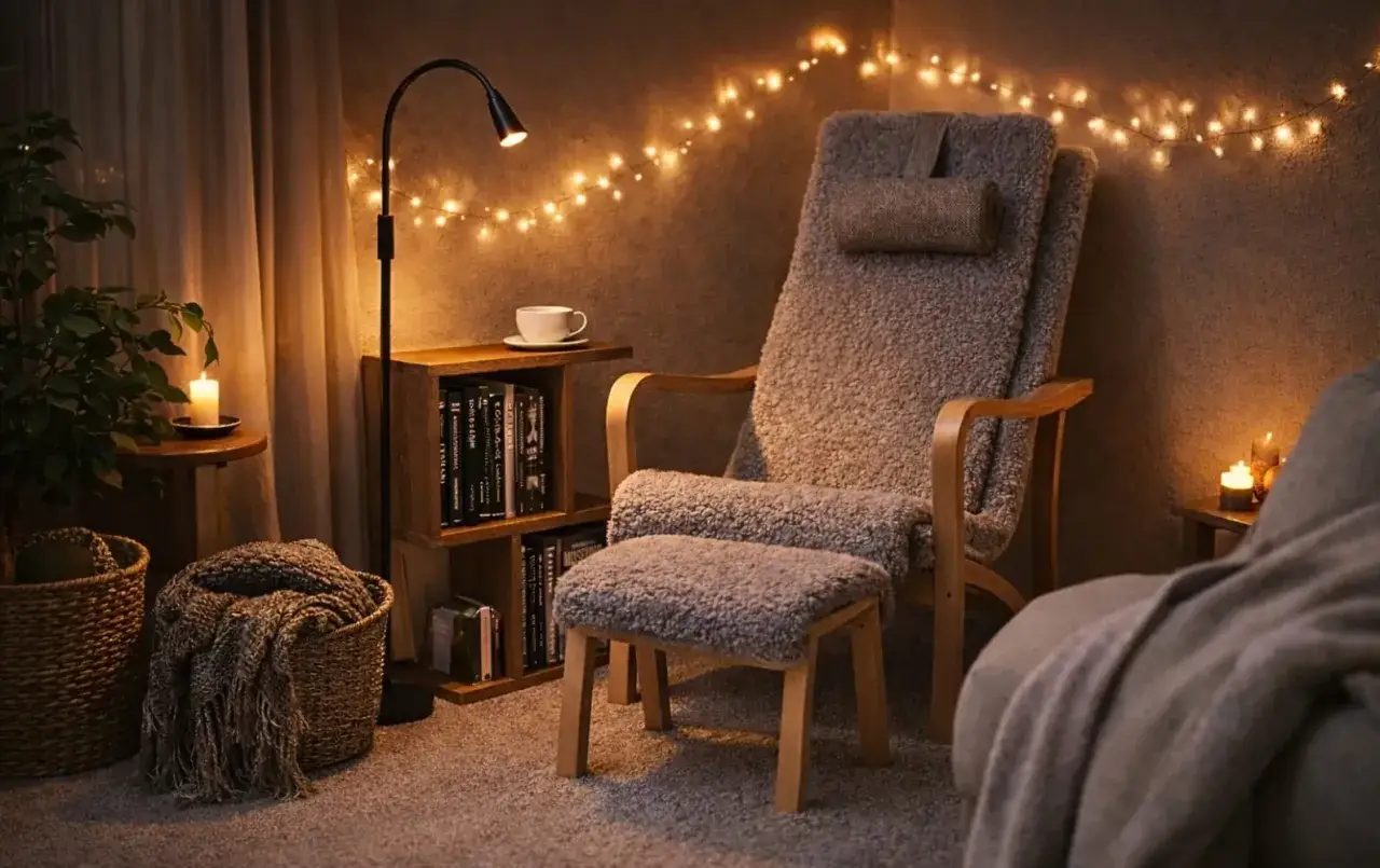 En mysig h&ouml;rna med en fluffig professor f&aring;t&ouml;lj, t&auml;nda ljus och julbelysning. Perfekt f&ouml;r en lugn stund med en bok.