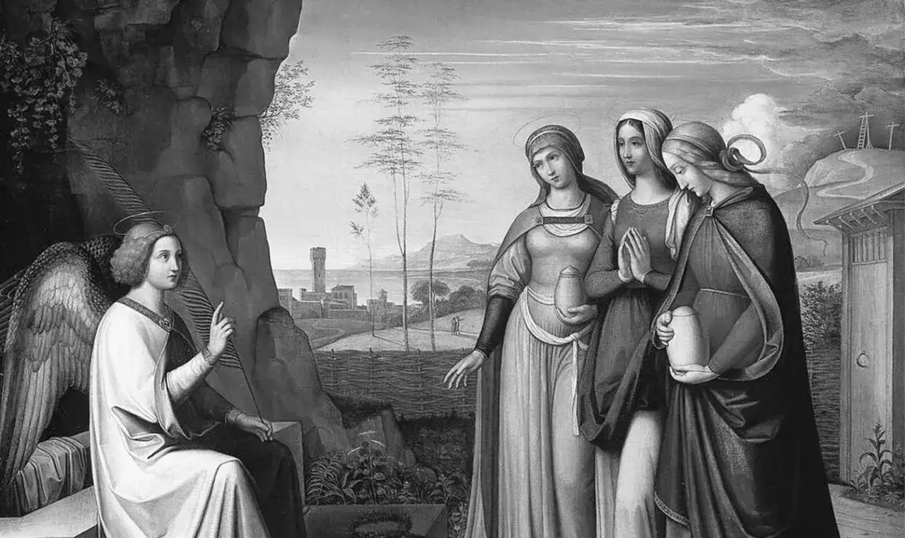 Engel verk&uuml;ndet den Frauen, darunter die heilige Magdalena, die Auferstehung.