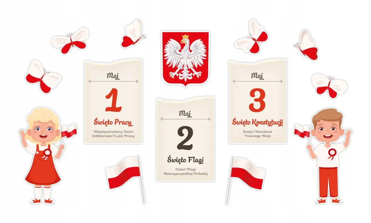 Dzieci świętują majowe święta: 1 maja Święto Pracy, 2 maja Dzień Flagi, a 3 maja Święto Konstytucji. Czy 2 maja jest dniem wolnym od pracy? Tak, to Dzień Flagi RP.