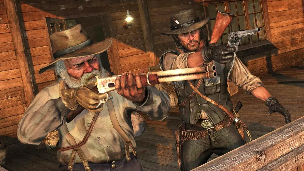 Dwóch rewolwerowców w westernowych strojach celuje z broni. To scena z gry rdr1 remaster.