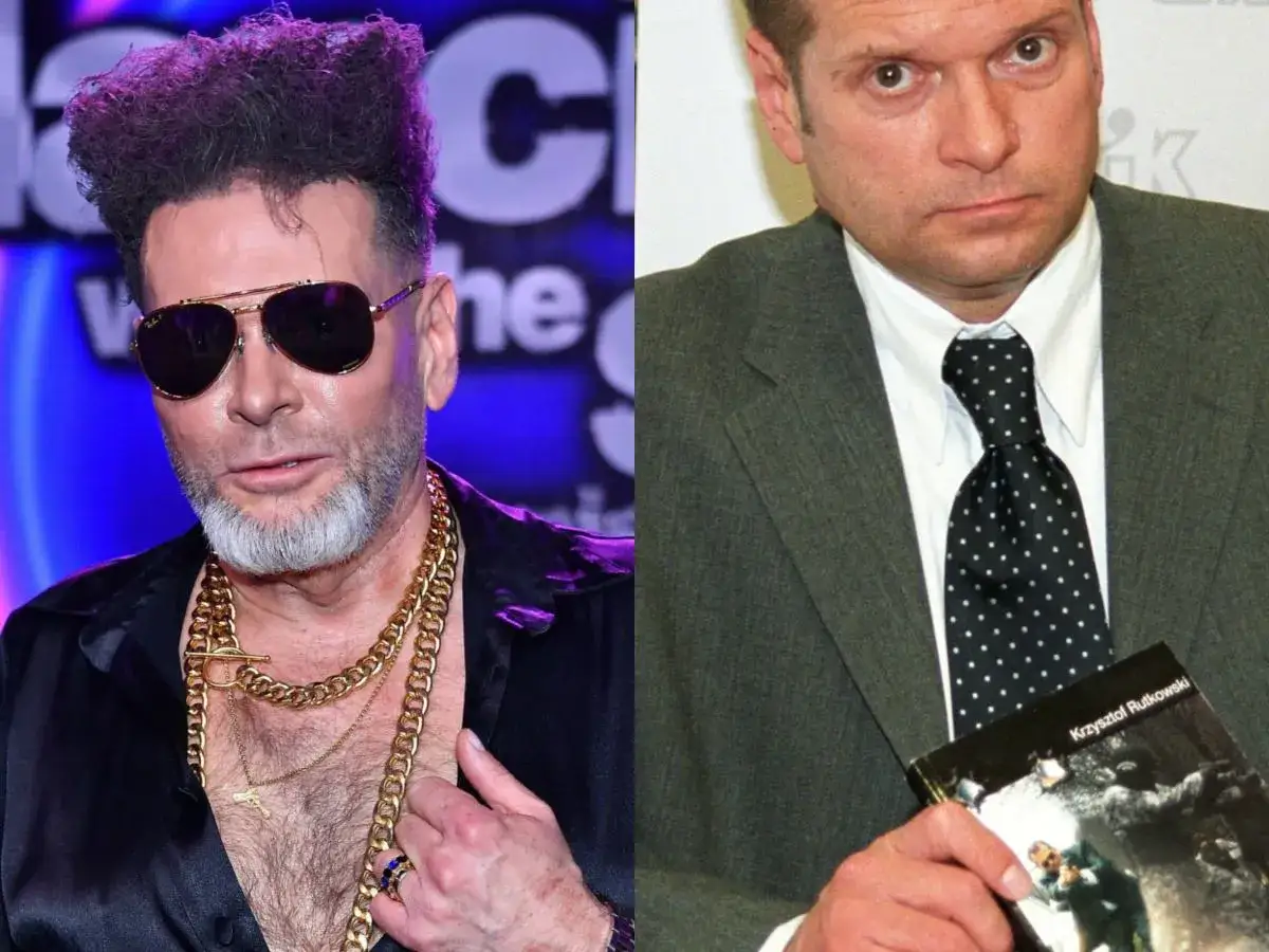 Krzysztof Rutkowski kiedys, w garniturze i z książką, oraz Krzysztof Rutkowski dziś, w ekstrawaganckim stroju i z biżuterią.