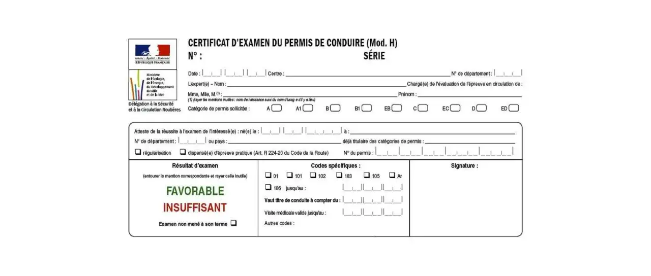 Certificat d'examen du permis de conduire, mentionnant 