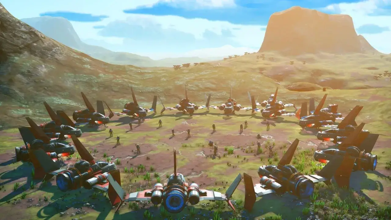 Flota statk&oacute;w kosmicznych w No Man's Sky, gotowa do wsp&oacute;lnej eksploracji dzięki no man's sky crossplay.