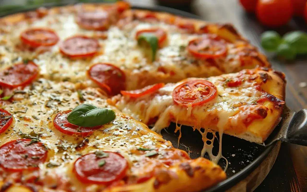 Pyszna pizza z patelni bez drożdży, z ciągnącym się serem, pomidorami i bazylią. Idealna na szybki obiad.