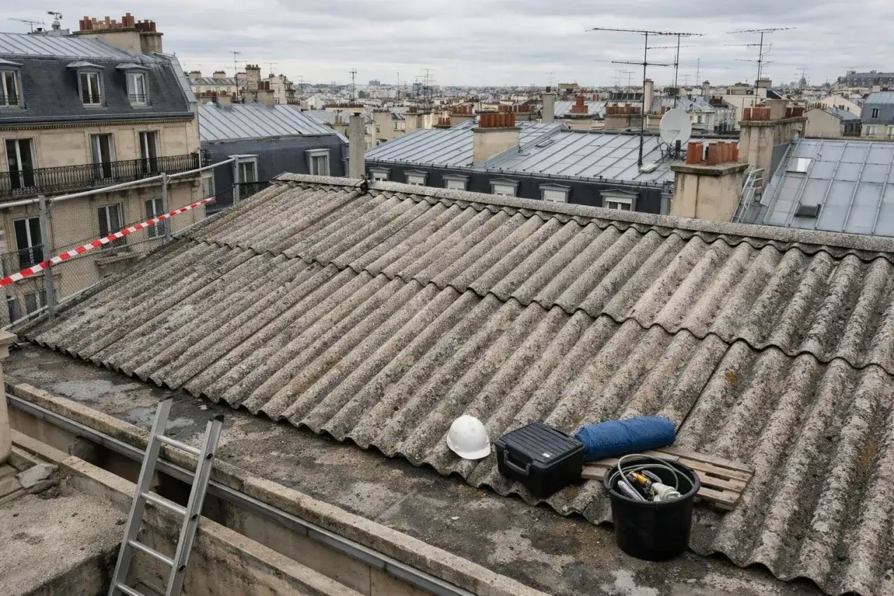 Toiture en amiante d'une maison parisienne, avec &eacute;chelle et &eacute;quipement de s&eacute;curit&eacute;.