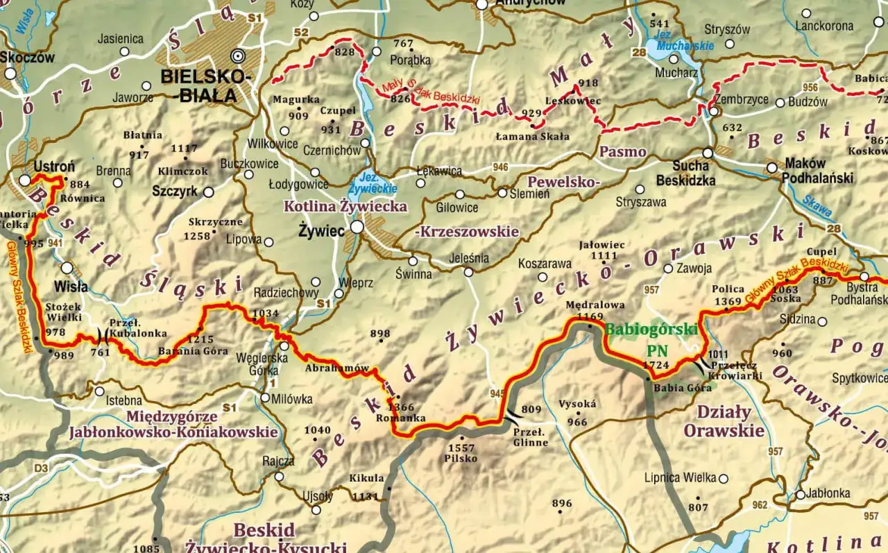 Mapa turystyczna Beskidów Śląskiego i Żywieckiego, z zaznaczonym Głównym Szlakiem Beskidzkim. Widoczne miejscowości: Wisła, Ustroń, Żywiec, Babia Góra.
