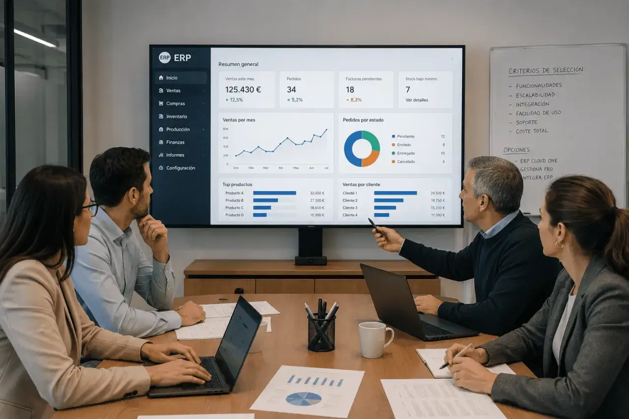Equipo revisa m&eacute;tricas de ventas en pantalla, discutiendo opciones de proveedores de software ERP.