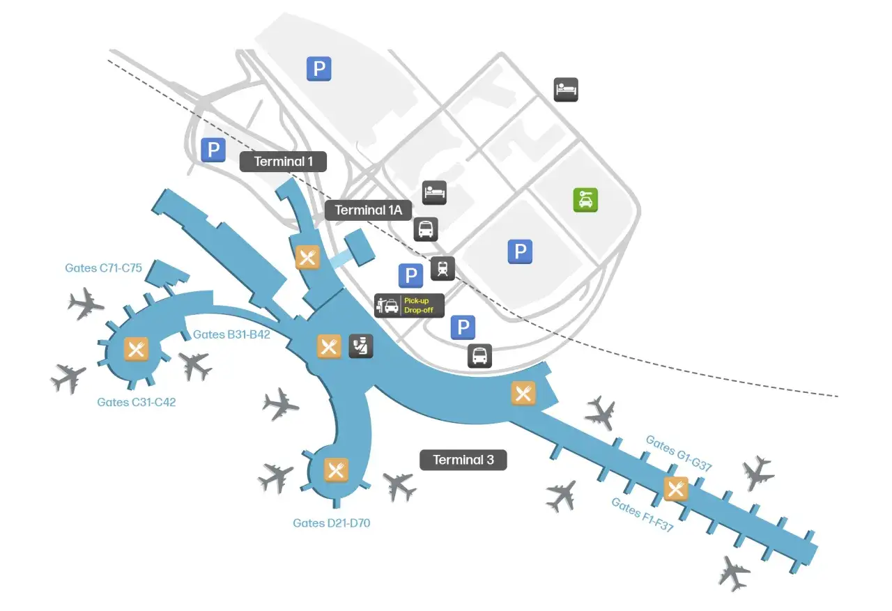 Karta &ouml;ver flygplatsen med terminaler 1, 1A och 3. Visar gater, parkering, hotell, biluthyrning och pick-up/drop-off. Planera din resa fr&aring;n wien flygplats till centrum.