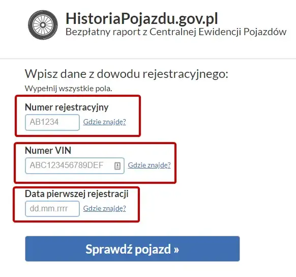 HistoriaPojazdu.gov.pl interfejs