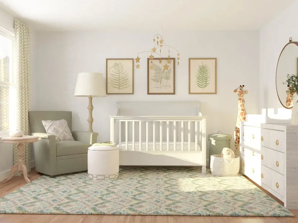 A serene nursery features a white crib, a plush armchair, and a giraffe toy.