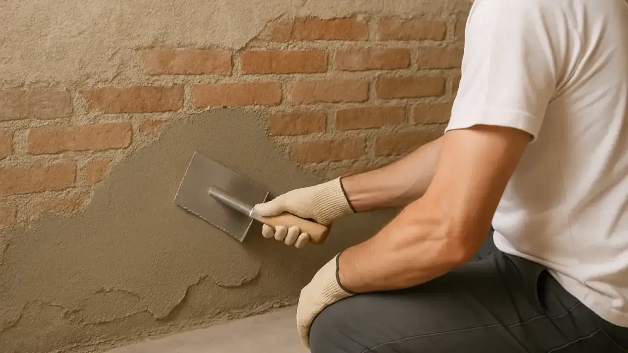 Man applying mortero macroporoso a pared de ladrillo con llana.