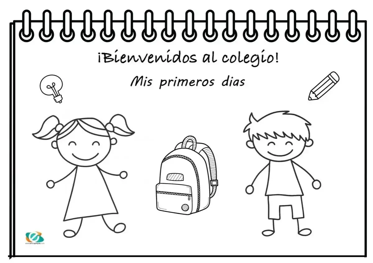&iexcl;Bienvenidos al colegio! Dibujo de fichas primero de primaria con ni&ntilde;os, mochila, bombilla y l&aacute;piz.