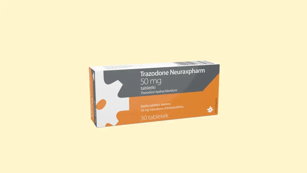 Opakowanie leku Trazodone Neuraxpharm 50 mg, zawierające 30 tabletek.
