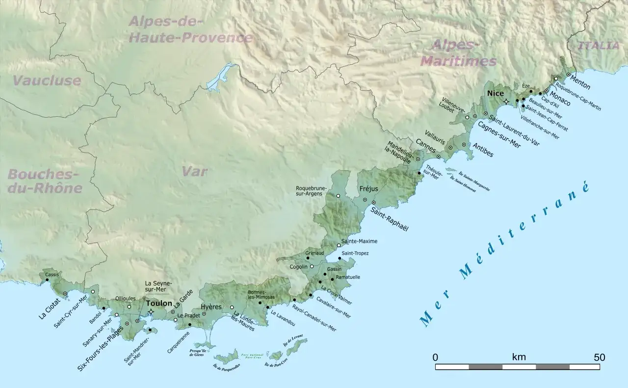 Mappa delle regioni costiere Provenza Camargue C&ocirc;te Bleue Calanques da Avignone