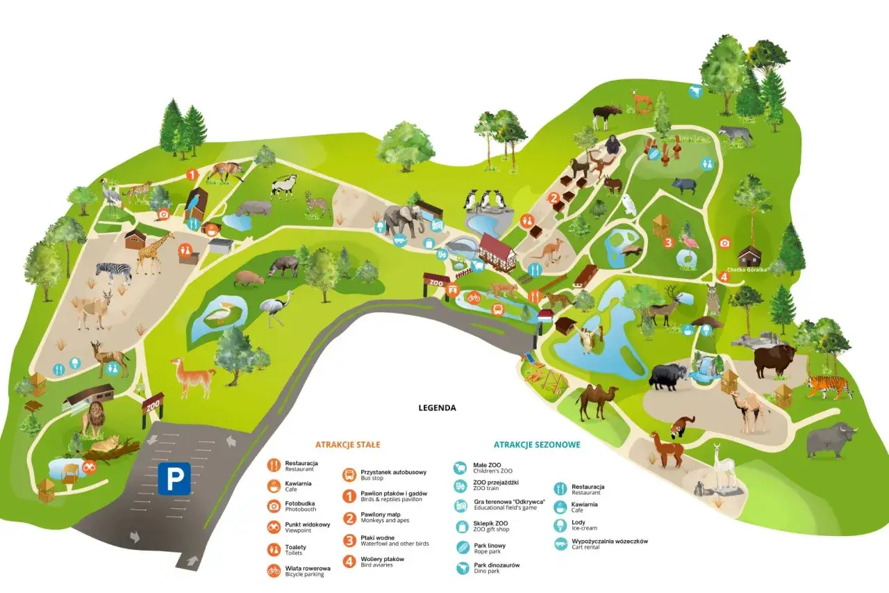 Mapa **Parku Oliwskiego** z zaznaczonymi zwierzętami, pawilonami, restauracjami i innymi atrakcjami.