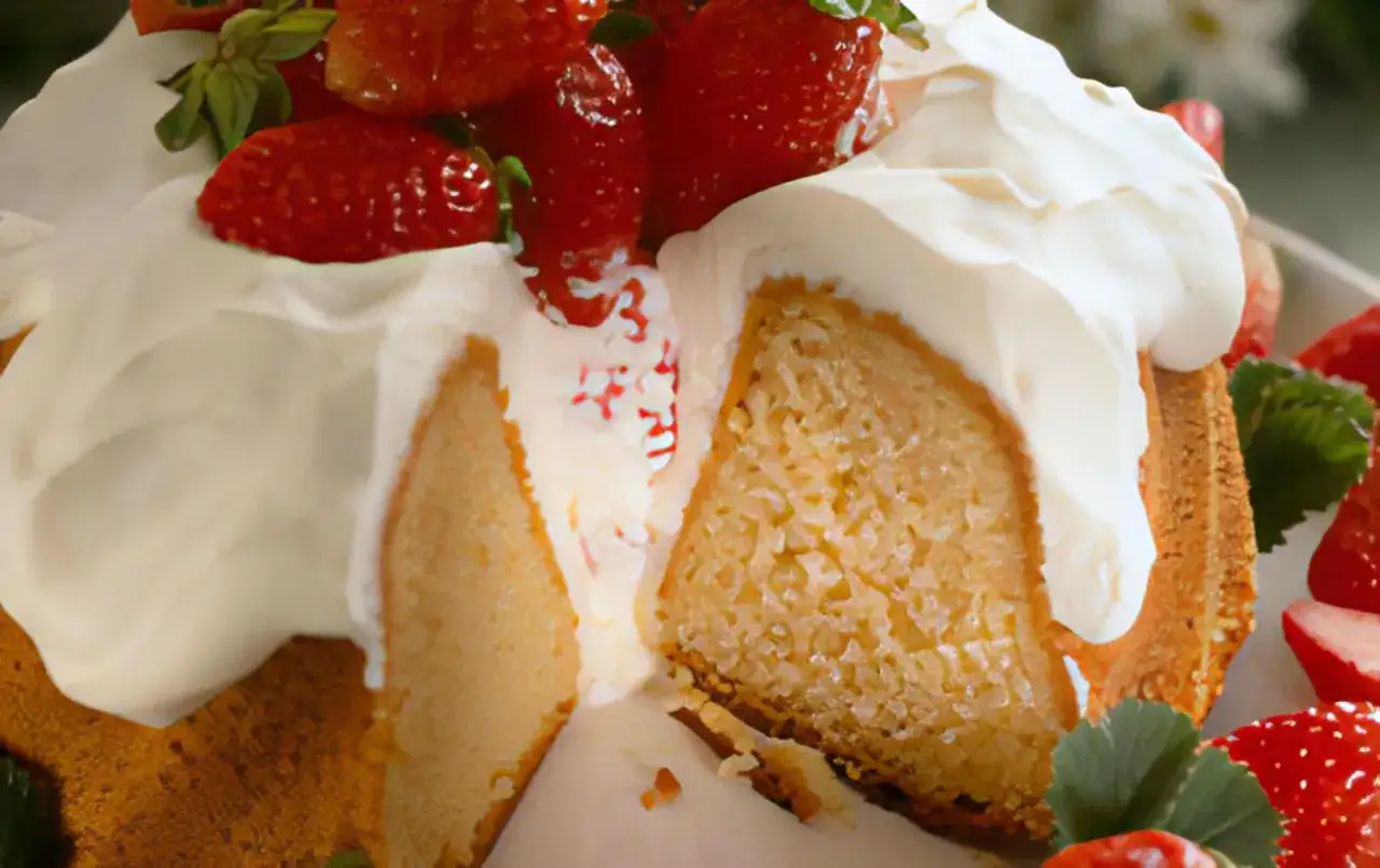 En saftig sockerkaka med honung ist&auml;llet f&ouml;r socker, toppad med vispgr&auml;dde och f&auml;rska jordgubbar. En h&auml;rlig sommardessert!