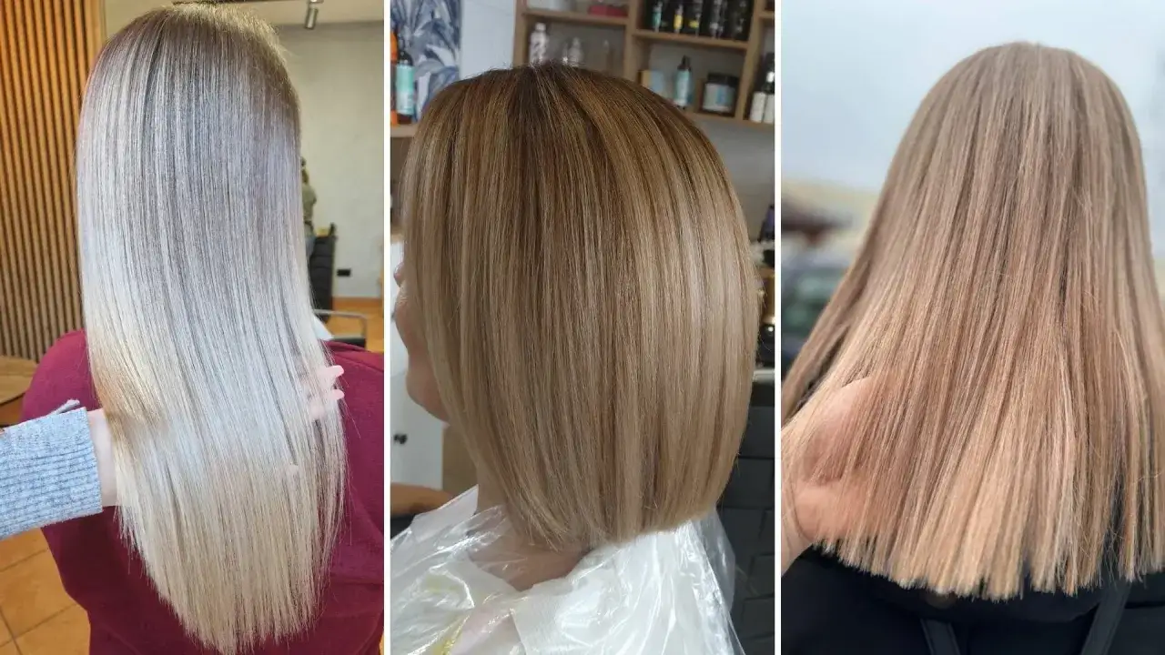Trzy różne fryzury z pięknymi, blond włosami. Od jasnego blondu po ciepłe odcienie.