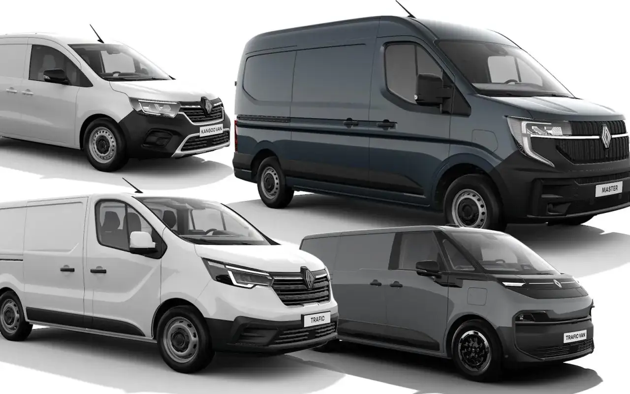 Cztery różne modele renault van: Kangoo, Master, Trafic i elektryczny Trafic Van, prezentowane na białym tle.