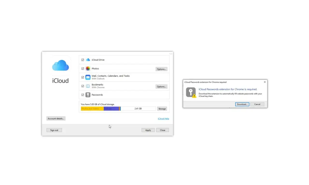 Okno iCloud prosi o pobranie rozszerzenia iCloud Passwords, aby zarządzać pękiem kluczy iPhone w przeglądarce Chrome.