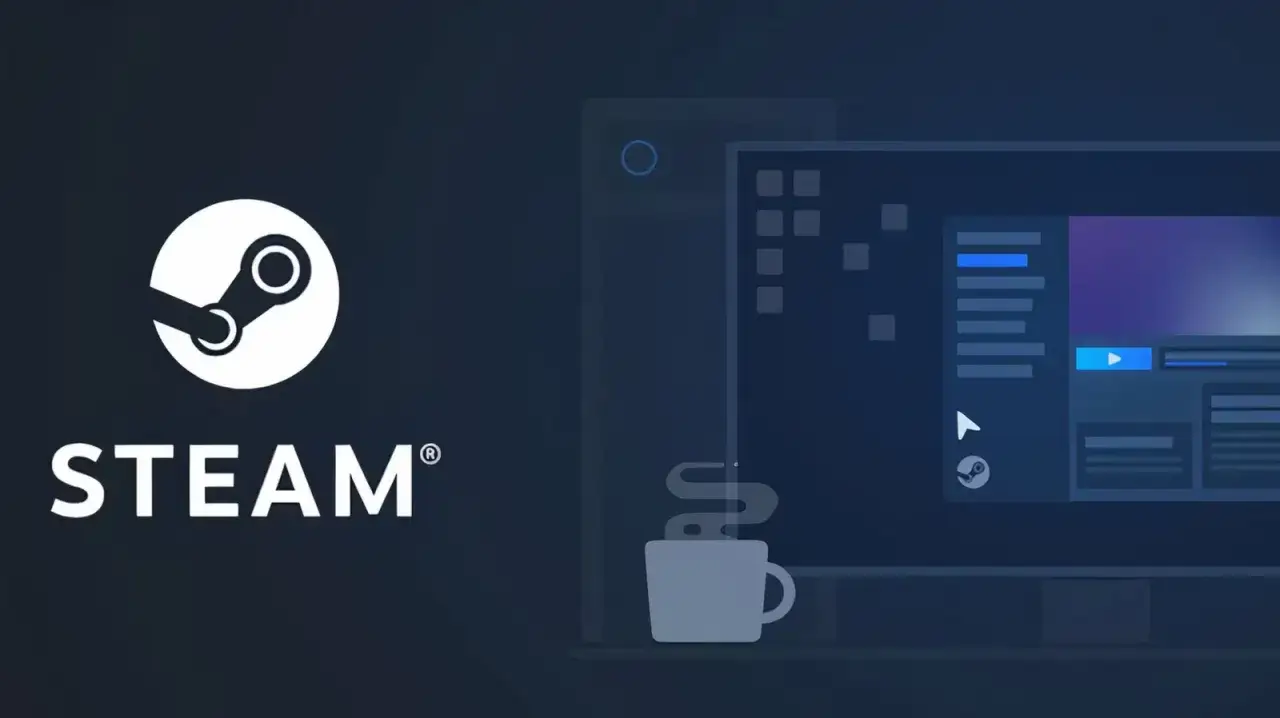 Logo Steam i komputer z grą. Dowiedz się, jak opublikować grę na Steam, by trafiła do graczy na całym świecie.