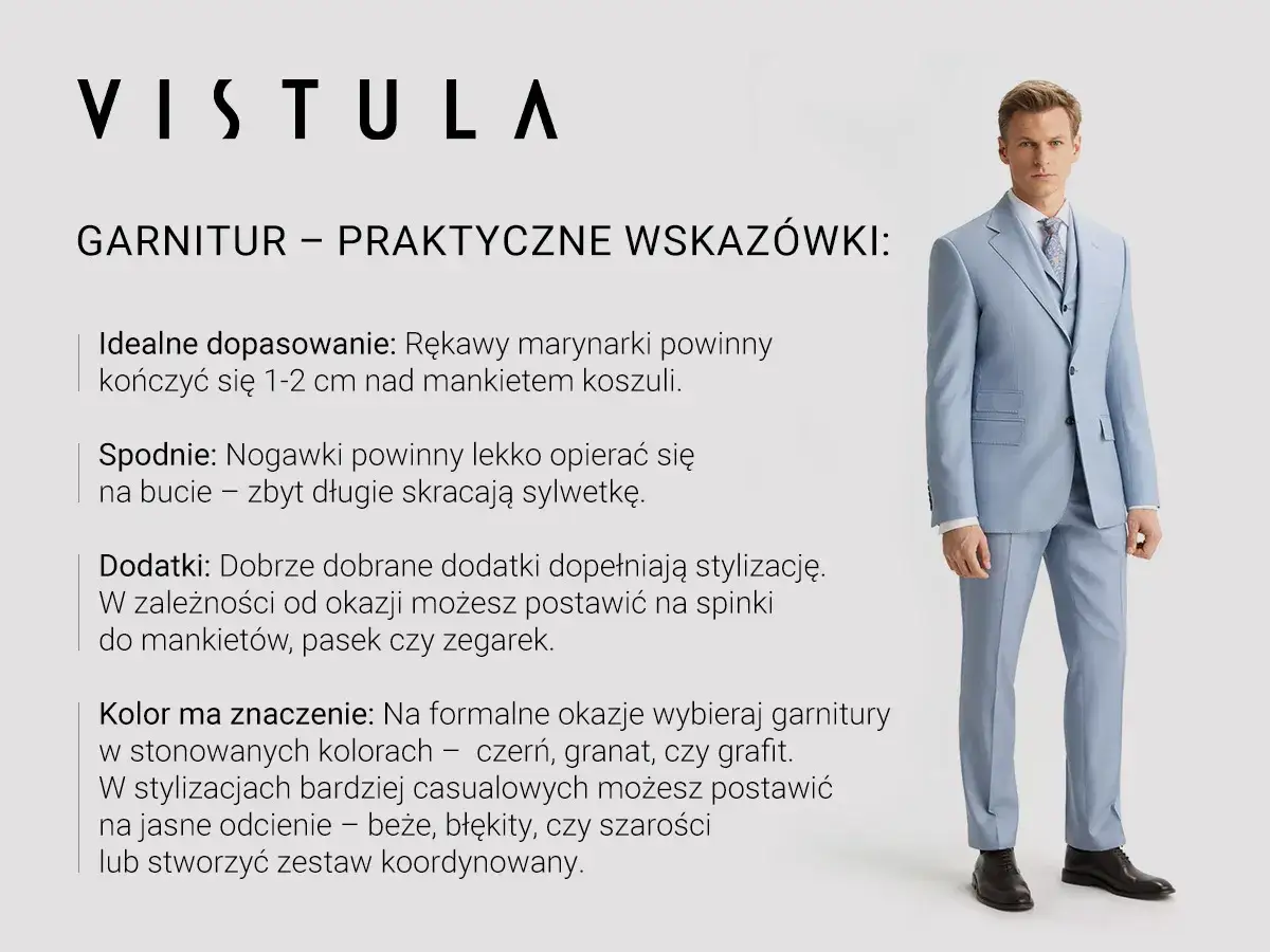 Mężczyzna w błękitnym garniturze. Wskazówki, jak powinien leżeć garnitur: rękawy marynarki 1-2 cm nad mankietem, nogawki lekko opierać się na bucie.