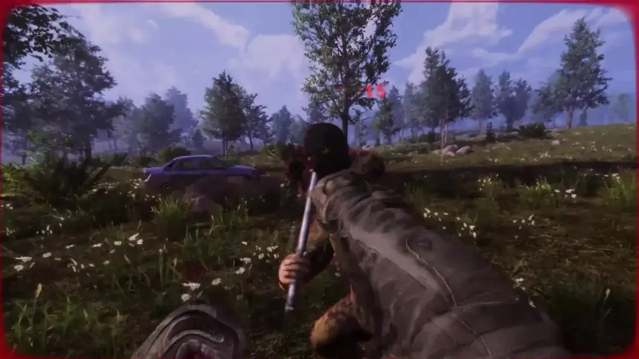 Ein Spieler in einem **drug dealer simulator**-Spiel mit Sturmhaube und Schlagstock im Wald.