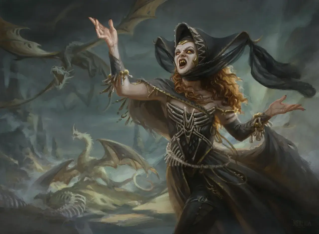 Mroczna summonerka z kłami i żółtymi oczami, otoczona przez latające smoki i kości.